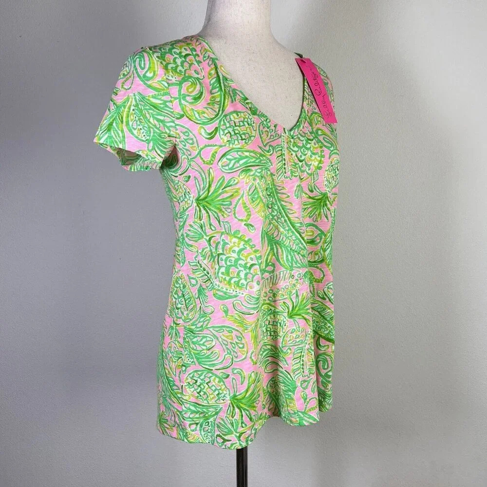 Lilly Pulitzer Madevilla Baby Top NWT XS Green Tropical Pineapple‎ Short Sleeve - Picture 4 of 12